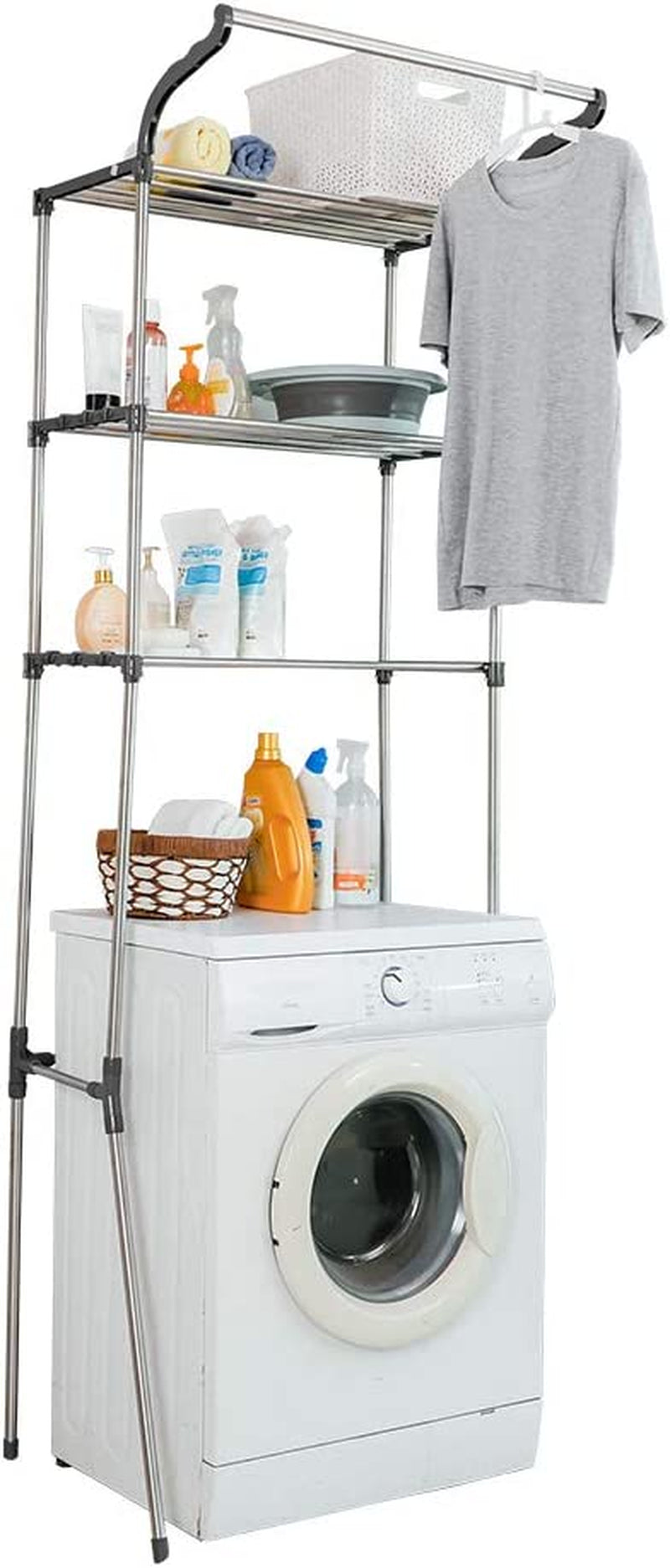 BAOYOUNI 3-Tier Laundry Room Shelf over Washing Machine Storage Utility Rack above Toilet Washer Dryer Clothes Hanger Width Adjustable Bathroom Organization Space Saving Shelving Units, Ivory