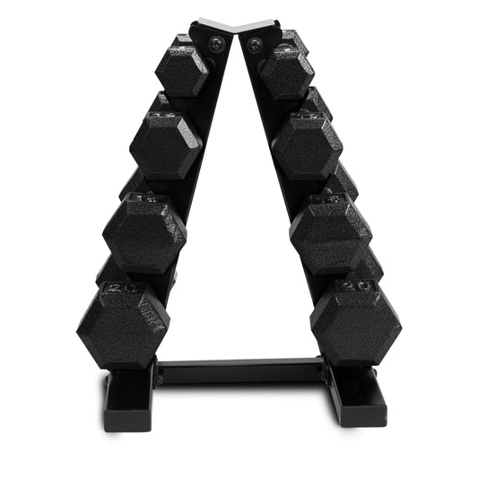 Dumbbell Weight Set 100 lb. Black Enamel Cast Iron Hex with Rack