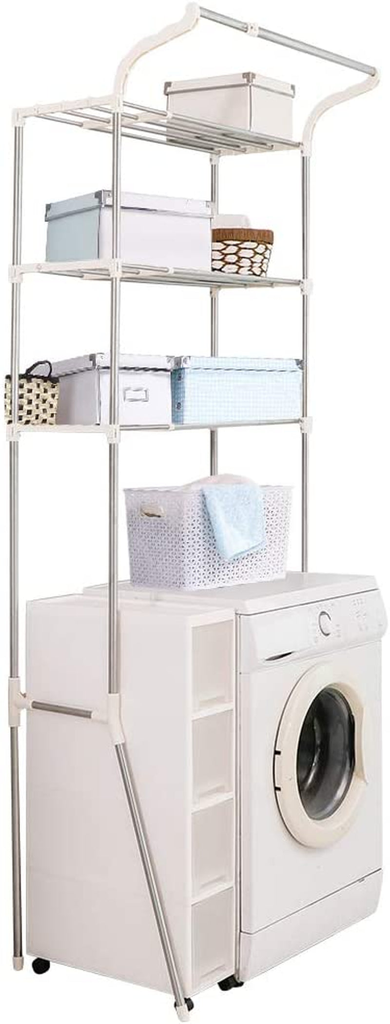 BAOYOUNI 3-Tier Laundry Room Shelf over Washing Machine Storage Utility Rack above Toilet Washer Dryer Clothes Hanger Width Adjustable Bathroom Organization Space Saving Shelving Units, Ivory