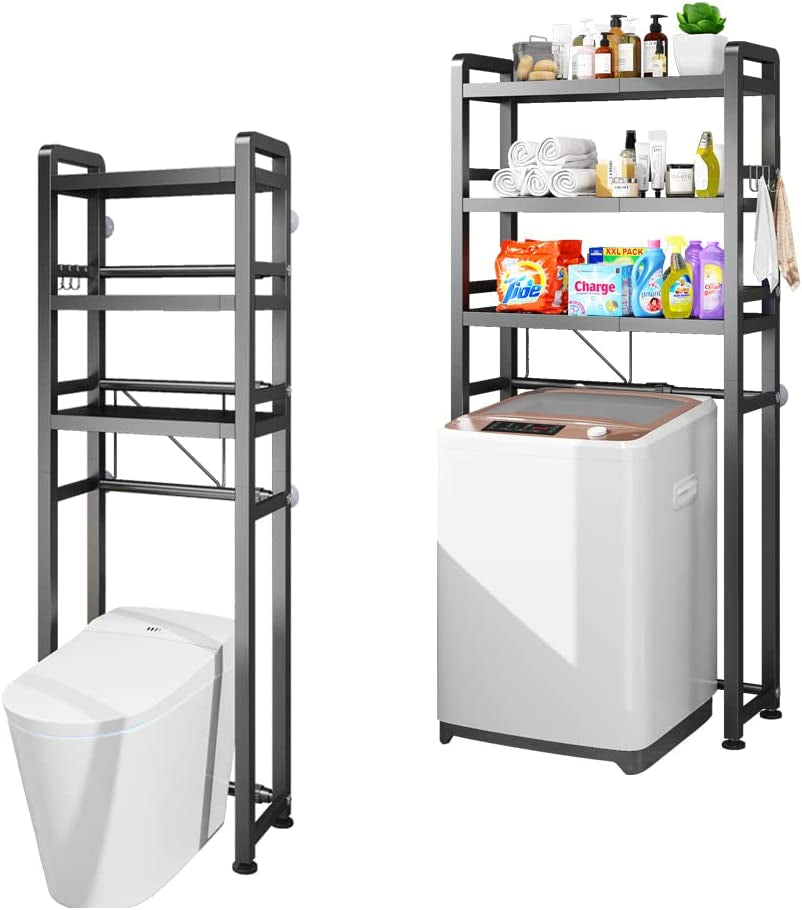 Azatemgo 3 Tier Adjustable Washing Machine Rack Laundry Shelf Bathroom Space Saver, 2 in 1 over the Toilet Rack,Over the Washing Machine,Carbon Steel 9KG, Adjustable,Sturdy,Black