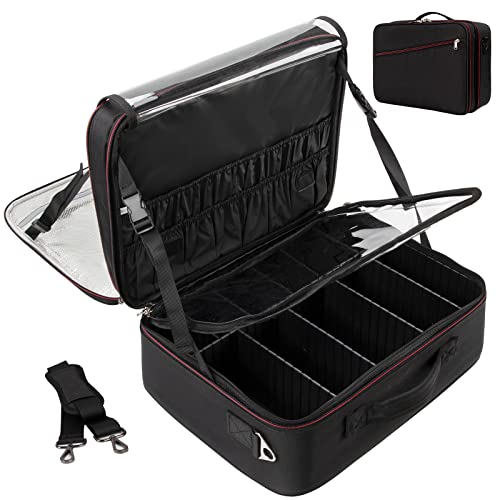 Extra Large Makeup Case, Makeup Bag Organizer Travel Cosmetic Case Portable Artist Storage Bag with Washable Plastic Divider and Heat Insulation Layer For Lipstick Makeup Toiletry Accessories Black