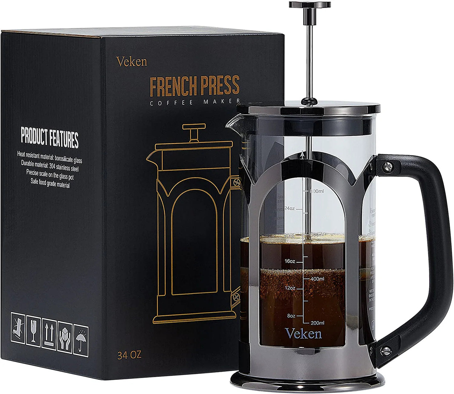 Veken French Press Coffee & Tea Maker, 304 Stainless Steel Heat Resistant Borosilicate Glass Coffee Press, Durable Easy Clean 100% BPA Free, 21Oz, Copper