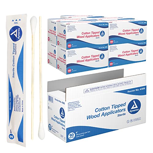 Dynarex 4305 Sterile Cotton Tipped Applicator,6" Length, Single-Use Wooden Cotton Tip Applicator for Wound Care & Dressing, Hygiene, Make Up, Cleaning Tool, Jewelry, Pack of 2000