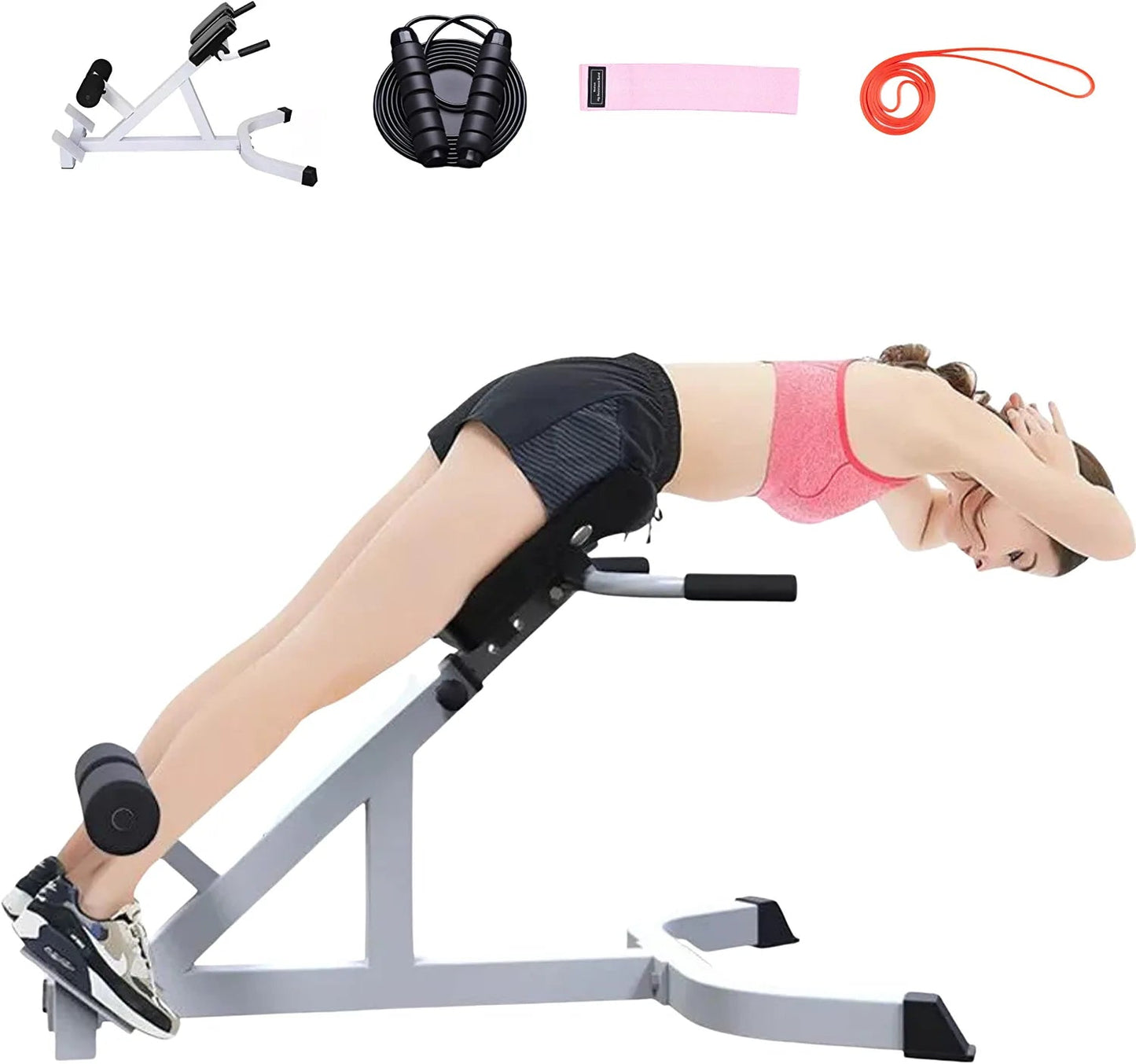 DARCON Roman Chair Back Hyperextension Bench Machine - Adjustable Back Exercise Strength Training Equipment for Glutes Exercises, Legs, Abs, and More. Set Includes Fabric Resistance Band, Jump Rope and Long Resistance Band 25Lbs.