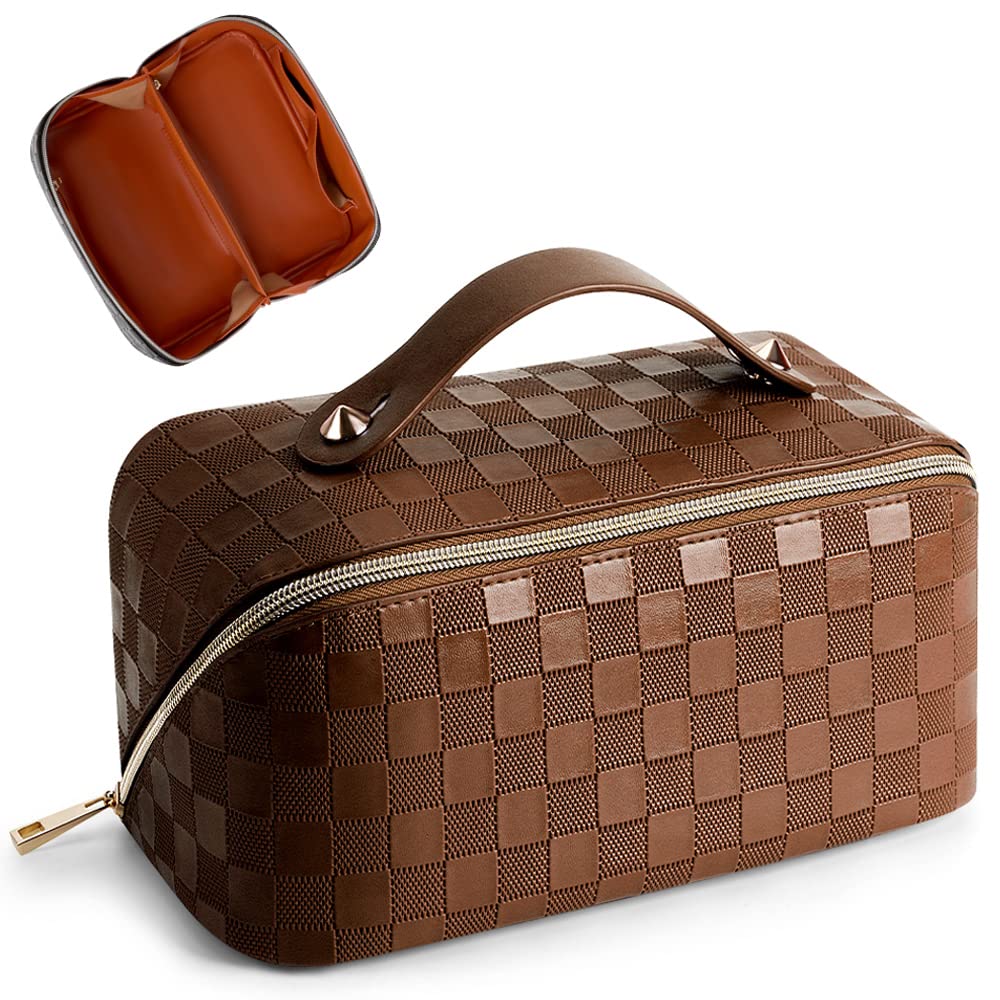 Large Capacity Travel Cosmetic Bag Plaid Checkered Makeup Bag Portable Leather Waterproof Skincare Bag with Handle and Divider for Women