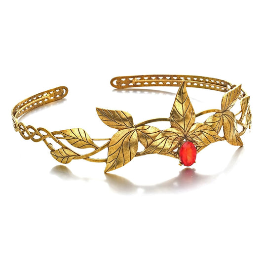 Merroyal Women Men Rhinestone Crystal Leaf Crown Costume Headwear Gold/Sliver Circlet for Wedding Birthday Prom Party Halloween Decorations (Leaf Gold and Red)