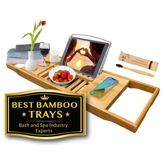 Expandable Bathroom Tub Tray - Premium Craft Caddy - Table Stand and Accessories for Book Tablet Phone Ipad - Jacuzzi Spa Holder for Candle Wine Glass - Adjustable Wooden Shower Organizer Board…