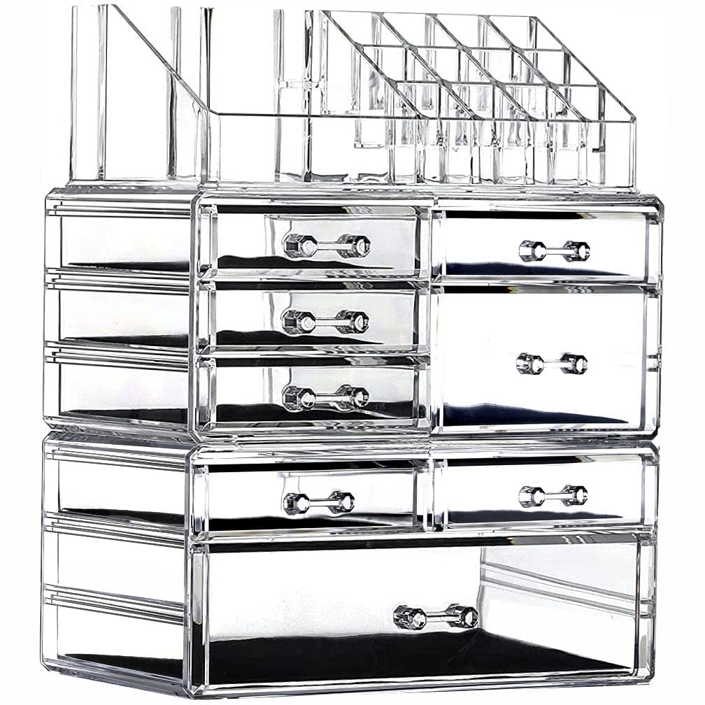 Large Clear Makeup Organizer Skin Care Cosmetic Display Cases Stackable Storage Box Make up Container Cube With 8 Drawers,Set of 3 By Cq acrylic