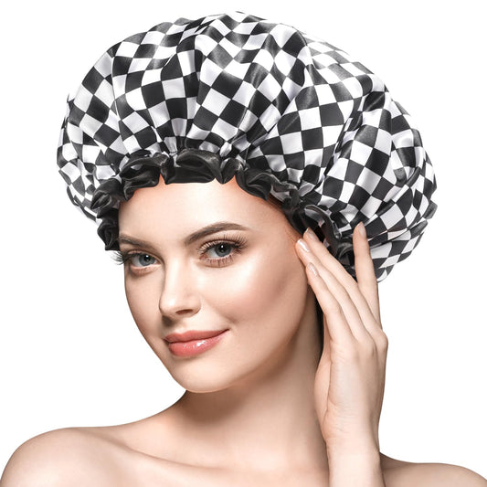 mikimini Large Shower Cap for Women Long Hair, 2 Pack,Elegant Chessboard Design,Double-layer Waterproof, Reusable, Washable, No Odor, X-Large