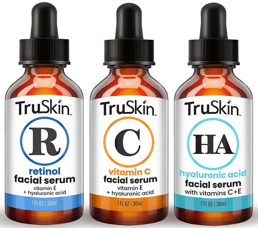 TruSkin Naturals Face Serum Trio Hyaluronic Acid, Vitamin C & Retinol Serum for Face Anti Aging Skin Care Set for Women Skin Care for Bright, Smooth, Firm & Hydrated Skin 1 fl oz, 3 Bottles