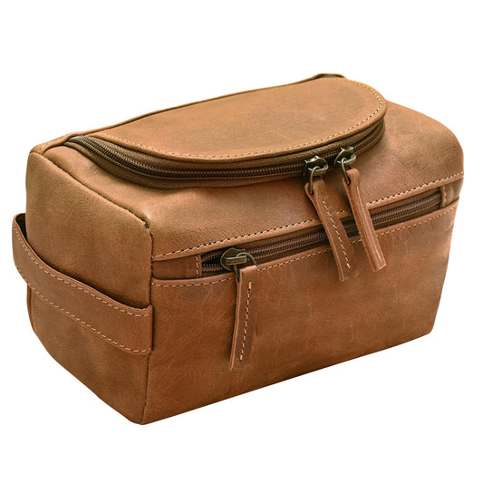 ELIZO Premium REAL Leather Toiletry Bag for Men Dopp Kitt Hanging Mens Toiletry Compact TSA Toiletries Bag Shaving Grooming Bag Organizer Oak