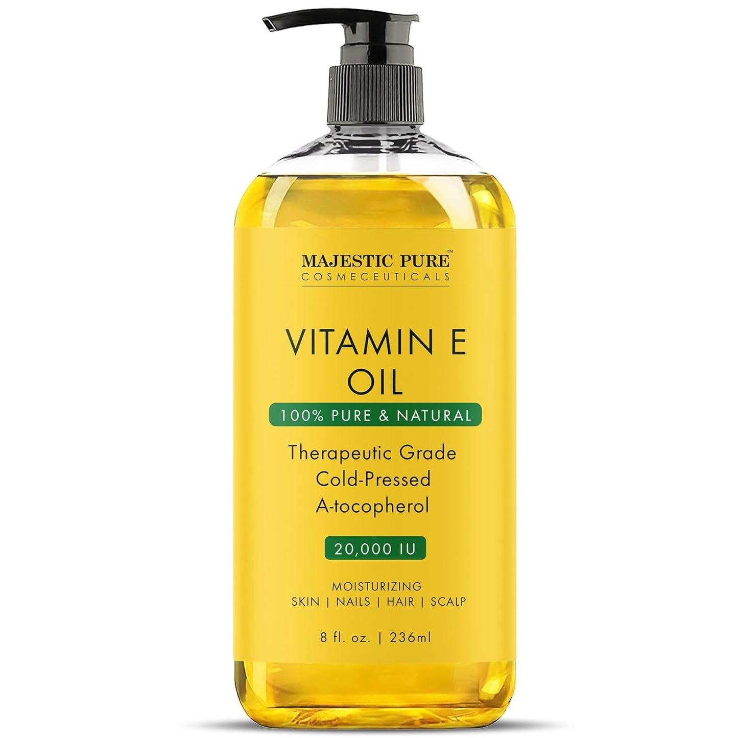 MAJESTIC PURE Vitamin E Oil | 100% Pure and Natural Cold Pressed Vitamin E oil for Skin, Scars, Face, Nails, Hair, Scalp | 20,000 IU | Non-GMO Verified | Hair & Body Oil | 8 Fl Oz