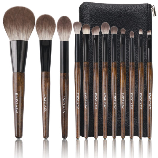 ENZO KEN Natural Goat Hair Makeup Brush Set with Case, Natural Makeup Brushes, Natural Bristle Makeup Brushes, Natural Hair Makeup Brushes Set Professional, Walnut Cosmetic Brushes Makeup Set - MONI