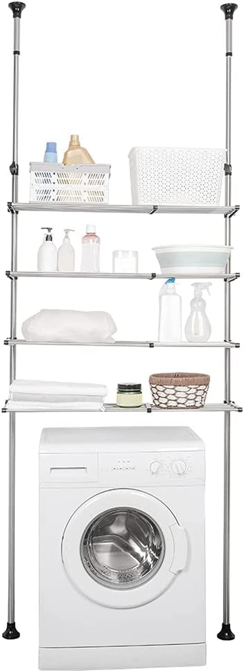 BAOYOUNI 2-Tier Adjustable Laundry Shelf over the Toilet Washing Machine Storage Rack Tension Pole Bathroom Space Saver Organizer with Clothes Towels Hanger Hook, Black
