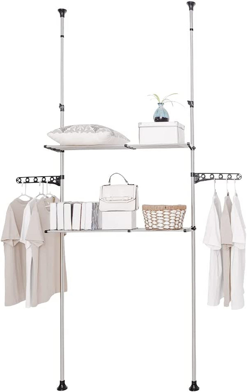 BAOYOUNI 2-Tier Adjustable Laundry Shelf over the Toilet Washing Machine Storage Rack Tension Pole Bathroom Space Saver Organizer with Clothes Towels Hanger Hook, Black