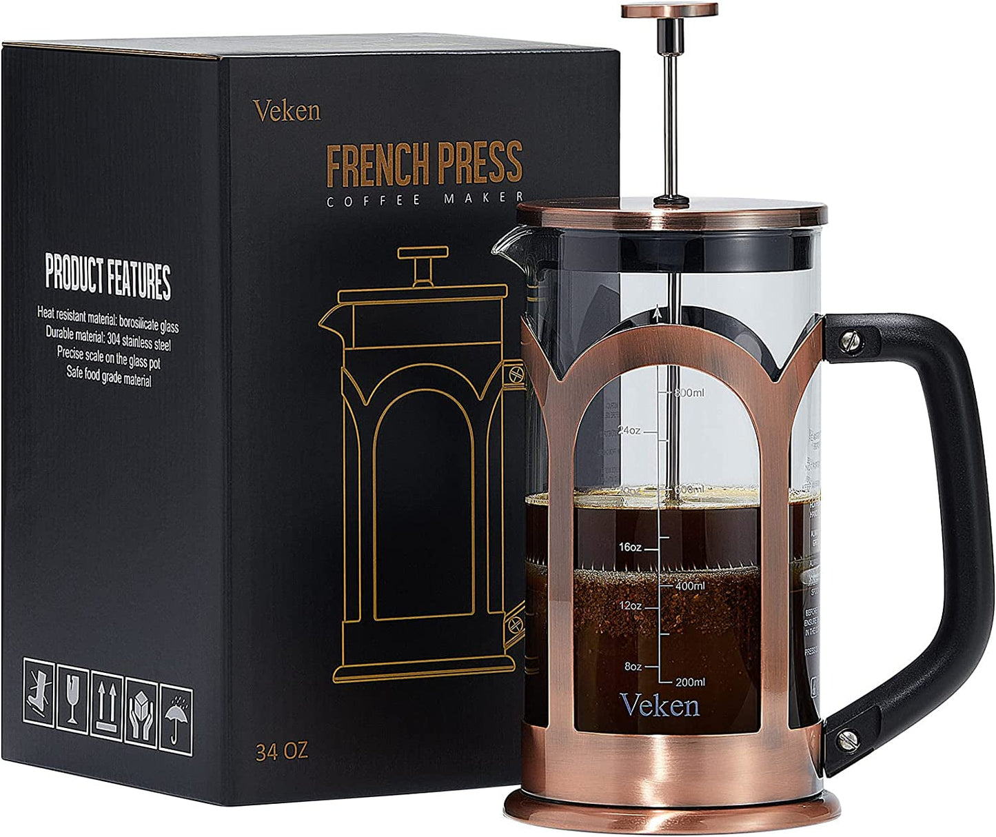Veken French Press Coffee & Tea Maker, 304 Stainless Steel Heat Resistant Borosilicate Glass Coffee Press, Durable Easy Clean 100% BPA Free, 21Oz, Copper