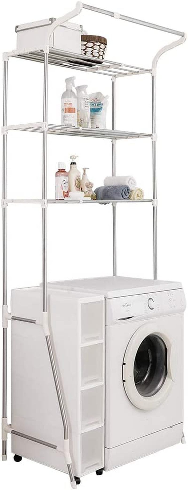 BAOYOUNI 3-Tier Laundry Room Shelf over Washing Machine Storage Utility Rack above Toilet Washer Dryer Clothes Hanger Width Adjustable Bathroom Organization Space Saving Shelving Units, Ivory