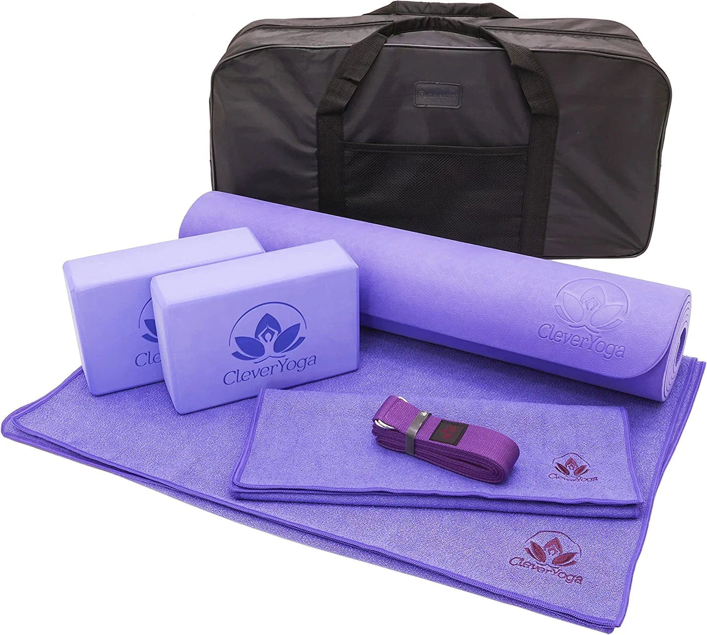 Clever Yoga Set - Complete Beginners 7-Piece Yoga Kit Includes 6Mm Thick Yoga Mat, 2 Yoga Blocks, Yoga Strap, Mat Towel, Hand Towel and Carrying Bag for Women and Men
