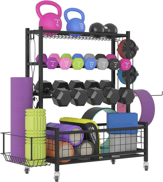Dumbbell Rack Stand, Weight Storage Organizer, Home Gym Storage Rack for Dumbbells Foam Roller Kettlebells Yoga Mat Resistance Bands, Workout Equipment Storage with Wheels and Hooks