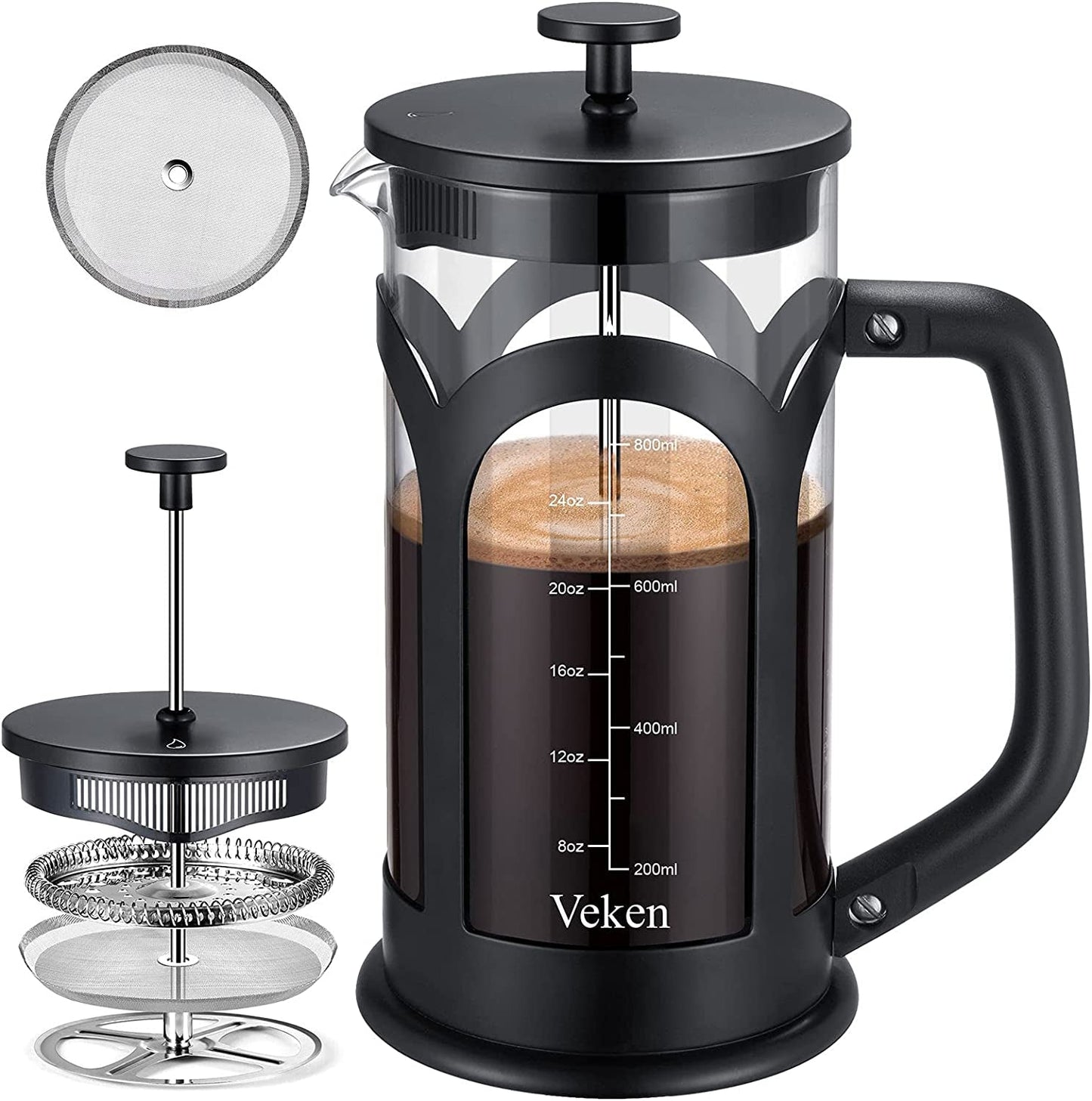 Veken French Press Coffee & Tea Maker, 304 Stainless Steel Heat Resistant Borosilicate Glass Coffee Press, Durable Easy Clean 100% BPA Free, 21Oz, Copper