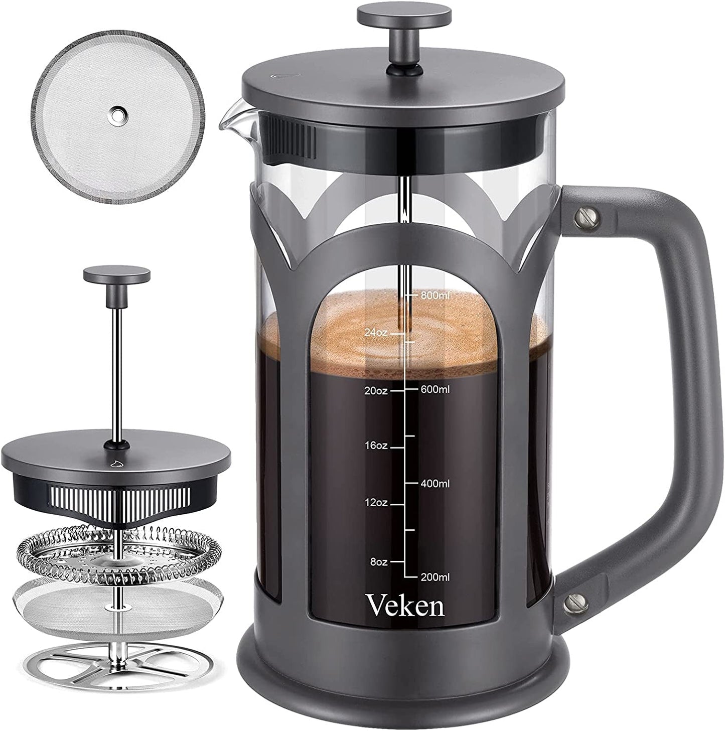 Veken French Press Coffee & Tea Maker, 304 Stainless Steel Heat Resistant Borosilicate Glass Coffee Press, Durable Easy Clean 100% BPA Free, 21Oz, Copper