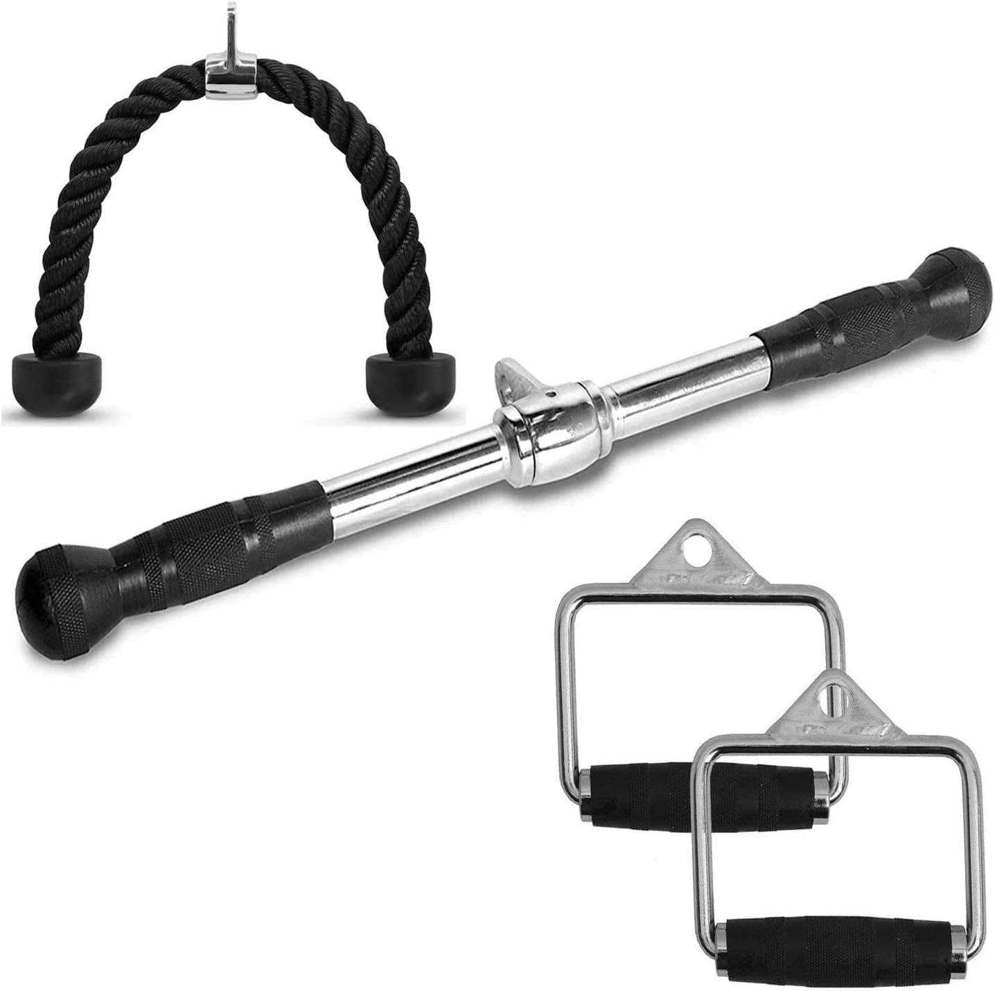FITNESS MANIAC LAT Machine Accessory Pull down Bar, Tricep Rope, V Bar Grip Handles, Rowing Handle Rubber Grips, Snap Hooks, D Handle Metal Grips Gym Cable Attachments Training Exercise
