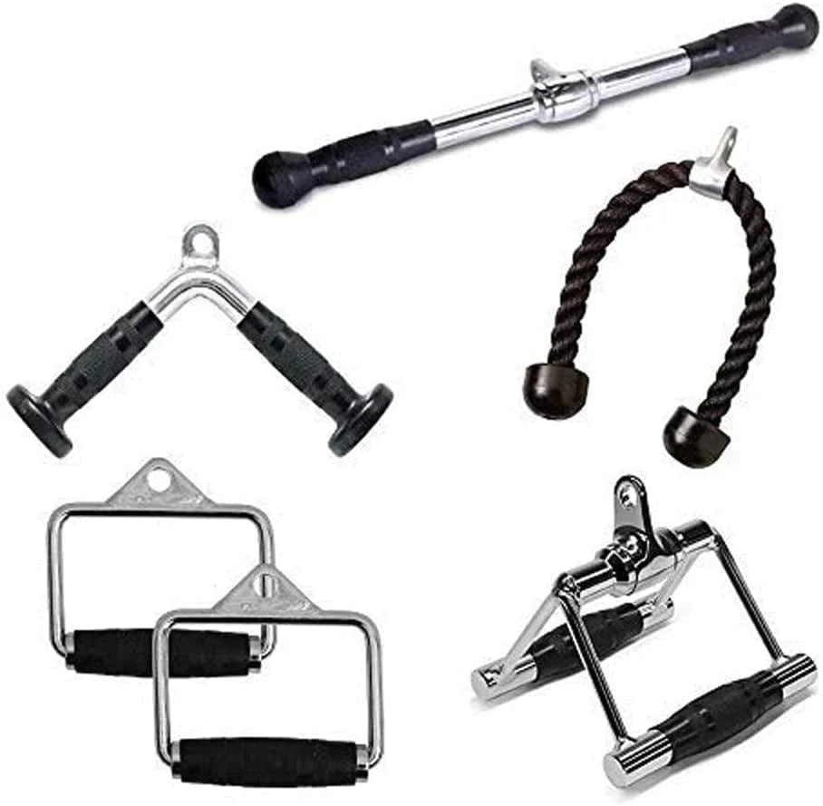 FITNESS MANIAC LAT Machine Accessory Pull down Bar, Tricep Rope, V Bar Grip Handles, Rowing Handle Rubber Grips, Snap Hooks, D Handle Metal Grips Gym Cable Attachments Training Exercise