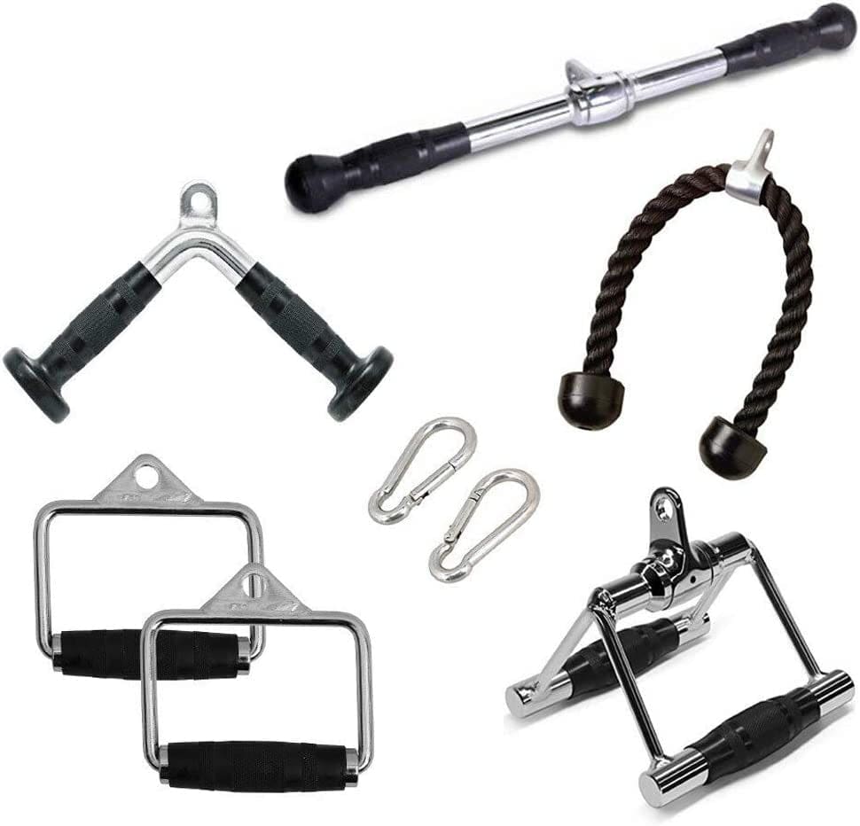 FITNESS MANIAC LAT Machine Accessory Pull down Bar, Tricep Rope, V Bar Grip Handles, Rowing Handle Rubber Grips, Snap Hooks, D Handle Metal Grips Gym Cable Attachments Training Exercise