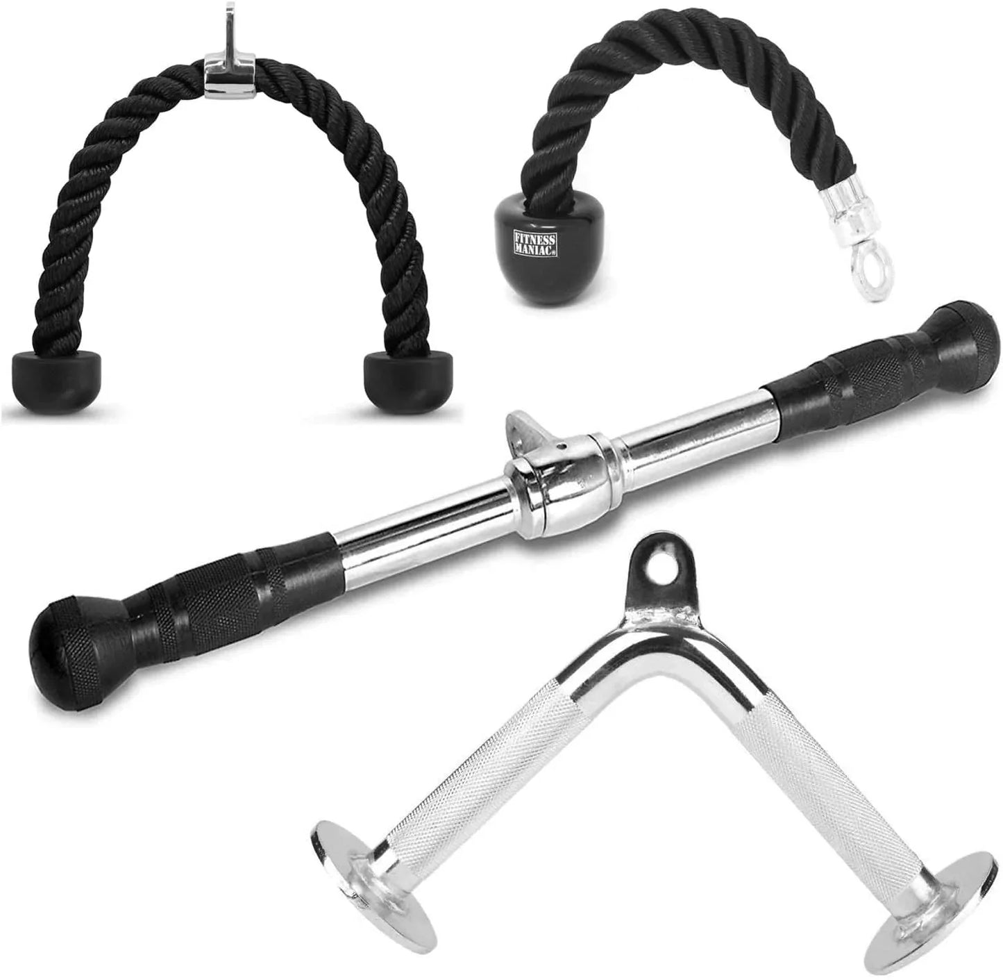 FITNESS MANIAC LAT Machine Accessory Pull down Bar, Tricep Rope, V Bar Grip Handles, Rowing Handle Rubber Grips, Snap Hooks, D Handle Metal Grips Gym Cable Attachments Training Exercise