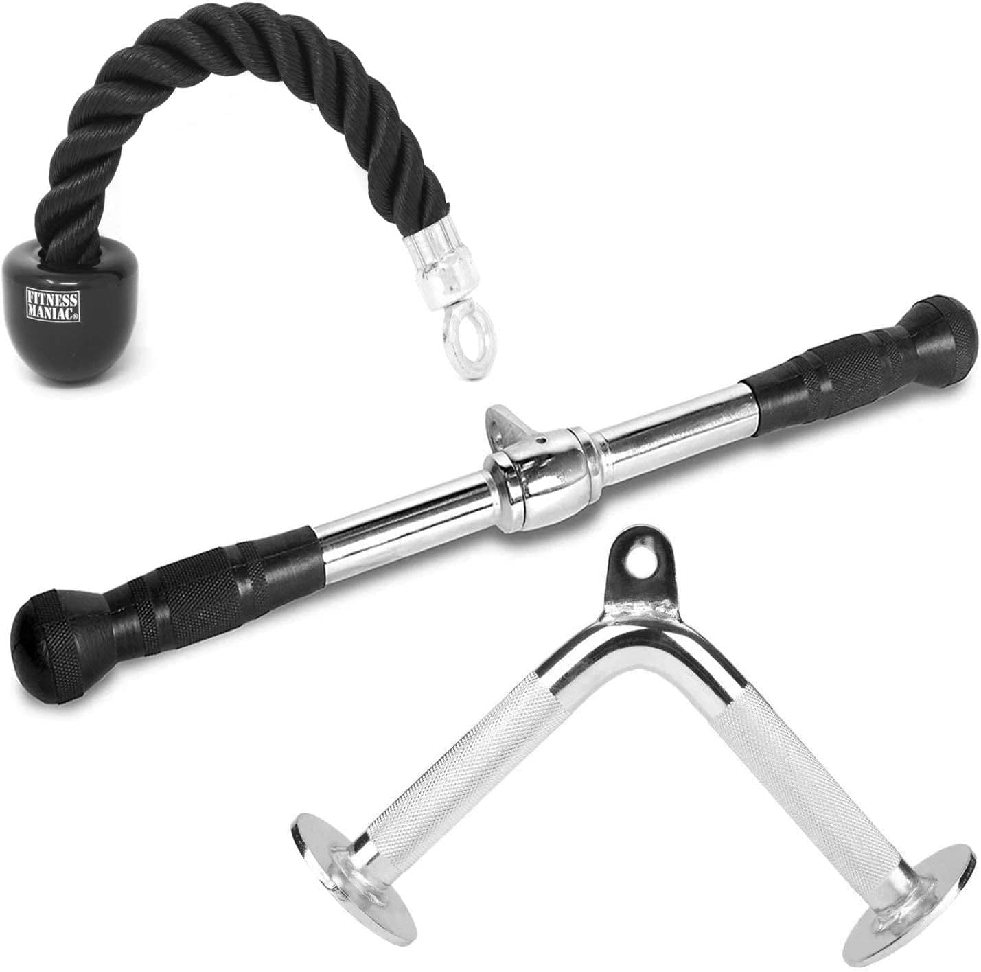 FITNESS MANIAC LAT Machine Accessory Pull down Bar, Tricep Rope, V Bar Grip Handles, Rowing Handle Rubber Grips, Snap Hooks, D Handle Metal Grips Gym Cable Attachments Training Exercise