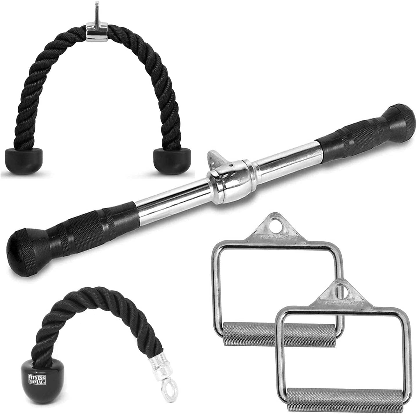 FITNESS MANIAC LAT Machine Accessory Pull down Bar, Tricep Rope, V Bar Grip Handles, Rowing Handle Rubber Grips, Snap Hooks, D Handle Metal Grips Gym Cable Attachments Training Exercise