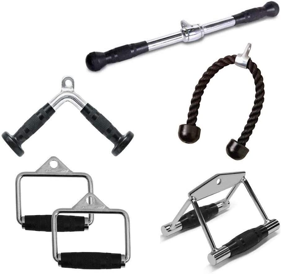 FITNESS MANIAC LAT Machine Accessory Pull down Bar, Tricep Rope, V Bar Grip Handles, Rowing Handle Rubber Grips, Snap Hooks, D Handle Metal Grips Gym Cable Attachments Training Exercise