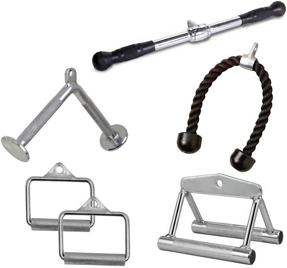 FITNESS MANIAC LAT Machine Accessory Pull down Bar, Tricep Rope, V Bar Grip Handles, Rowing Handle Rubber Grips, Snap Hooks, D Handle Metal Grips Gym Cable Attachments Training Exercise