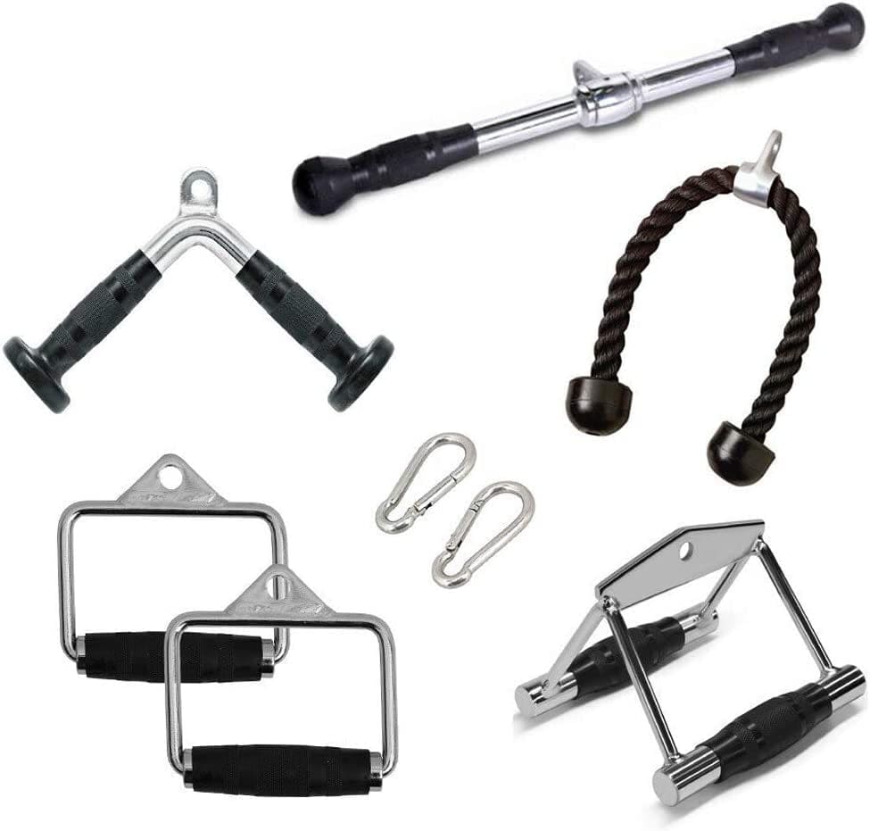 FITNESS MANIAC LAT Machine Accessory Pull down Bar, Tricep Rope, V Bar Grip Handles, Rowing Handle Rubber Grips, Snap Hooks, D Handle Metal Grips Gym Cable Attachments Training Exercise