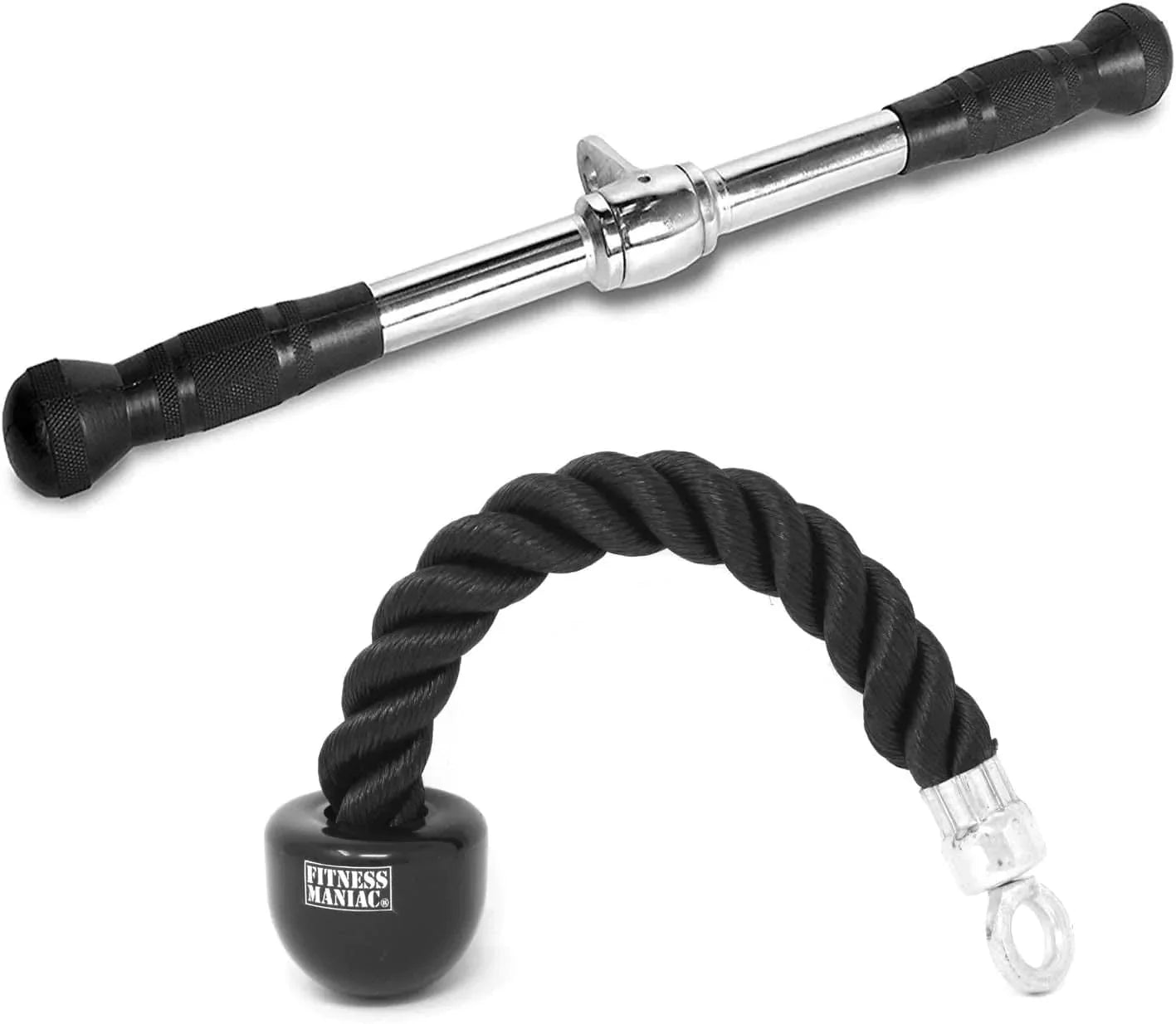 FITNESS MANIAC LAT Machine Accessory Pull down Bar, Tricep Rope, V Bar Grip Handles, Rowing Handle Rubber Grips, Snap Hooks, D Handle Metal Grips Gym Cable Attachments Training Exercise