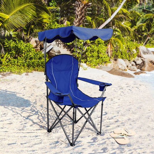 MF Studio Oversized Folding Camping Chair with Shade Canopy, Heavy Duty Steel Frame with Carry Bag and Cup Holder, Blue