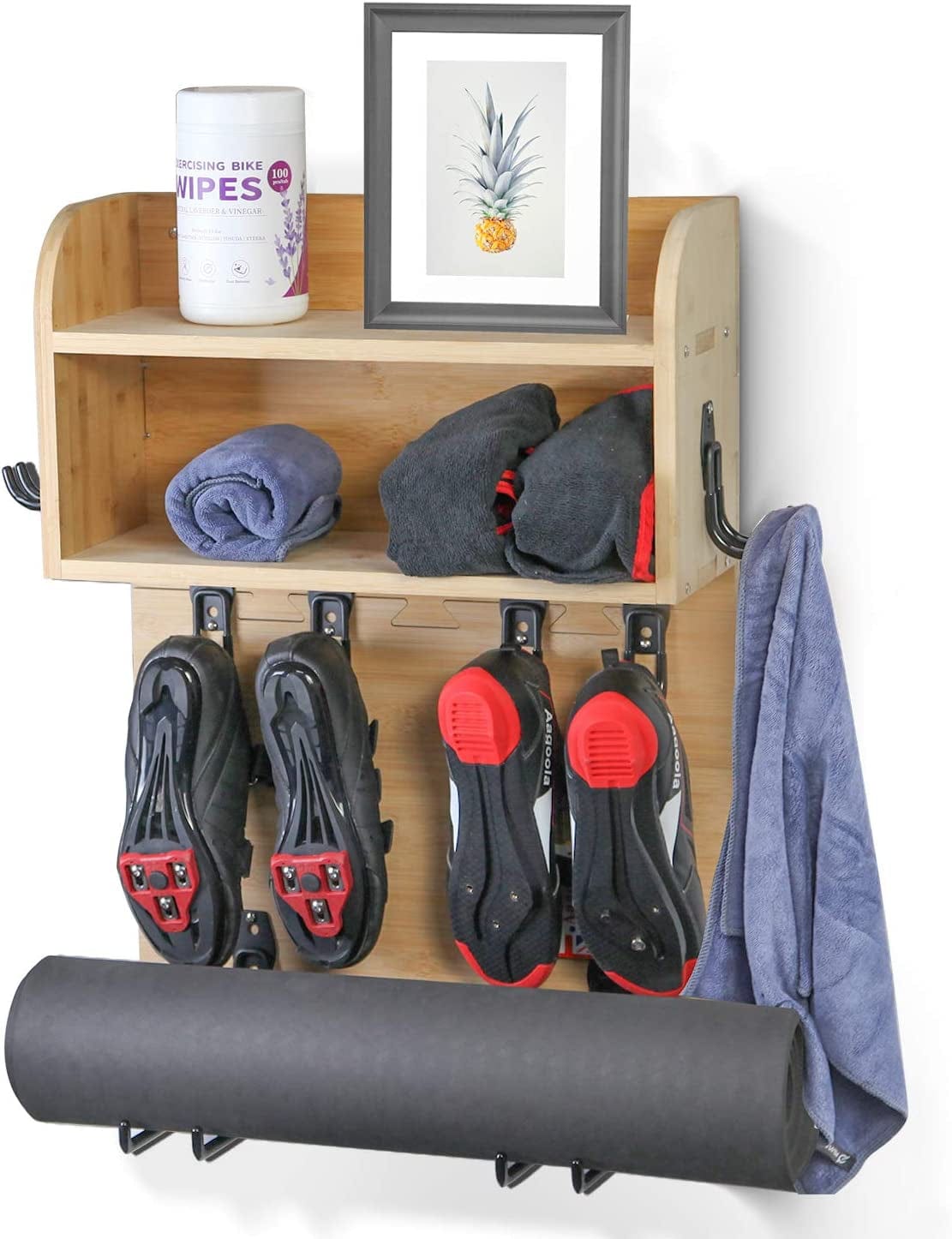 Multi-Functional Home Gym Wall Mount Rack Shelf Organizer for Towel, Yoga Mat, Exercising Bike Shoes, Exercise Bands and so on - Ideal Accessories for Peloton, Nordictrack, and Echelon