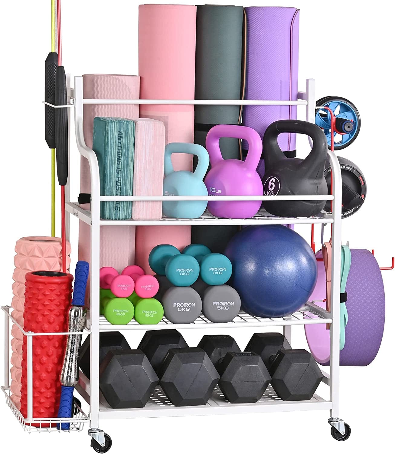 Mythinglogic Yoga Mat Storage Racks,Home Gym Storage Rack for Dumbbells Kettlebells Foam Roller, Yoga Strap and Resistance Bands, Workout Equipment Storage Organizer with Hooks and Wheels