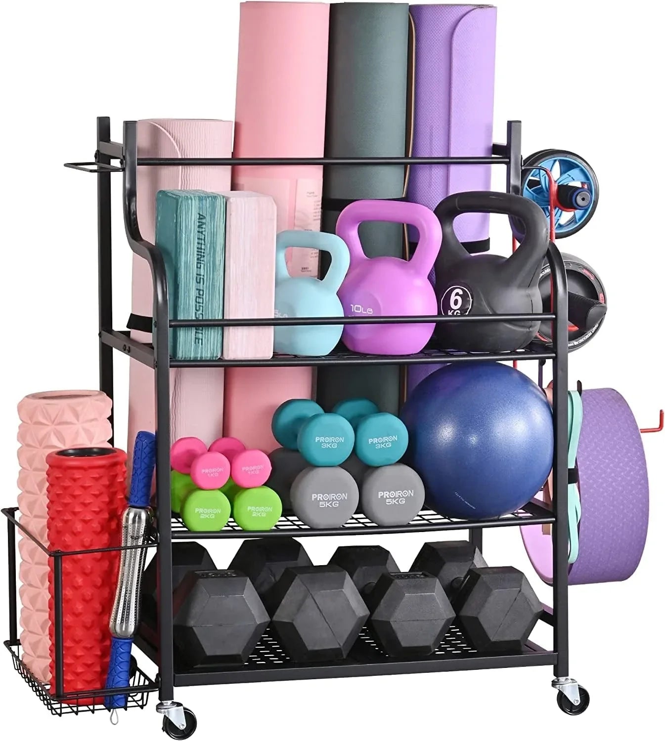 Mythinglogic Yoga Mat Storage Racks,Home Gym Storage Rack for Dumbbells Kettlebells Foam Roller, Yoga Strap and Resistance Bands, Workout Equipment Storage Organizer with Hooks and Wheels