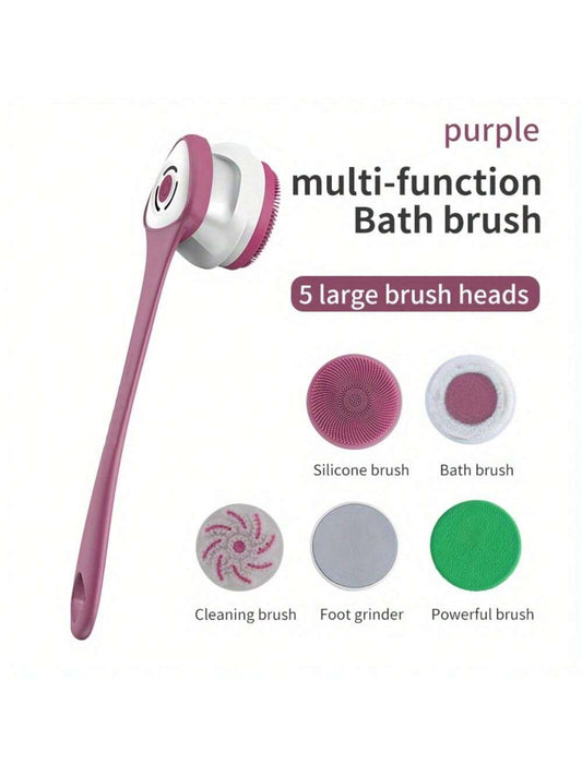 1pc Rechargeable Electric Body Bath Brush - 5 Spin Shower Facial Brush Heads For Deep Cleansing & Exfoliating - Waterproof Silicone Back Scrubber For Men & Women