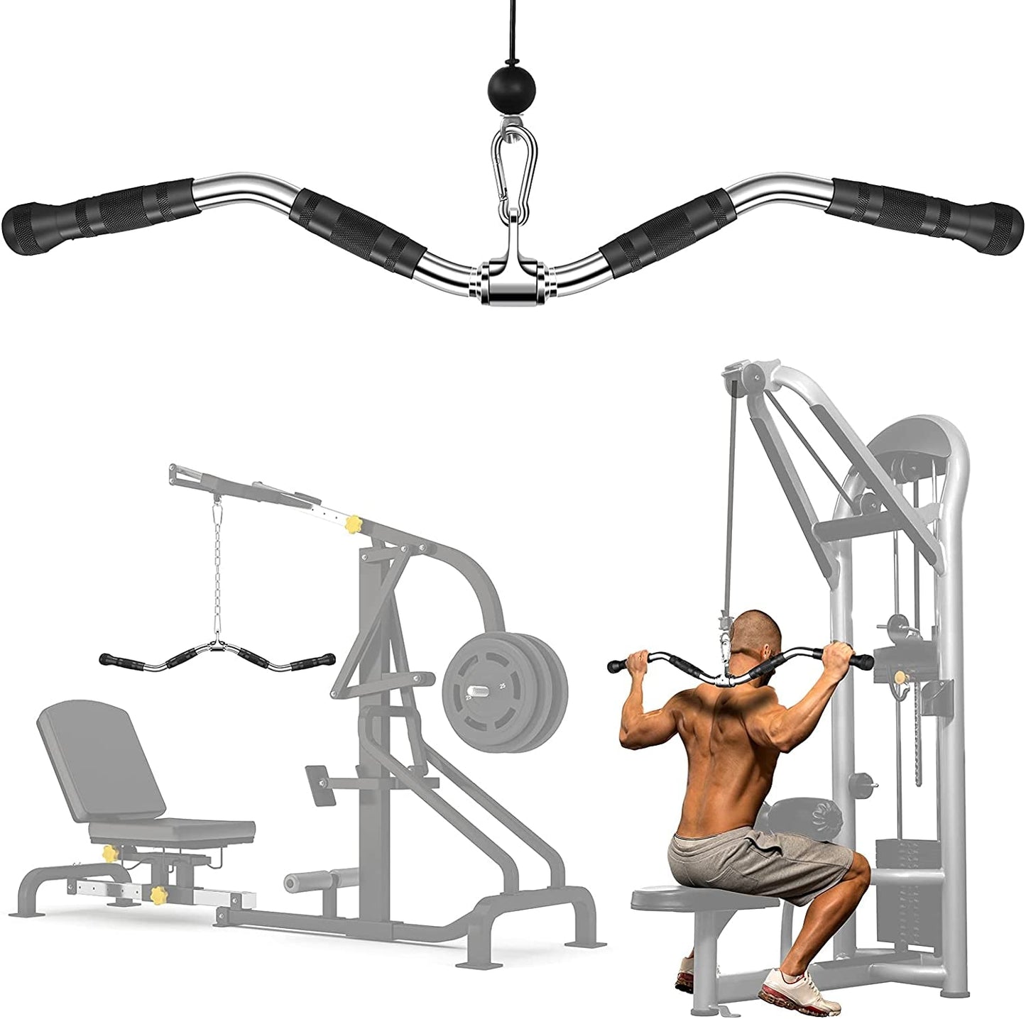 Ulalov LAT Pull down Bar with Handls, Pull down Machine Attachments, 27In/70Cm Bar with 880Lbs Loading, V Handle,Straight Bar,D Handles, Solid Steel Material with Handle for Home Gym