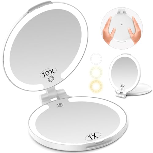 FUNTOUCH 7'' Travel Makeup Mirror with Lights 10X Magnifying, 3 Color Portable Double Side Vanity Mirror with Rechargeable for Travel Essential, Gifts for Women