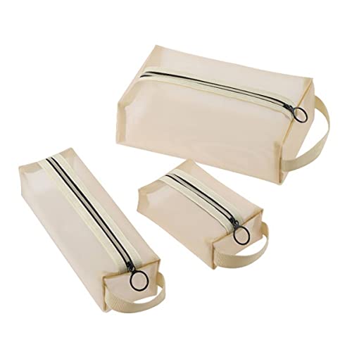 Gidary Mesh Cosmetic Bag Mesh Zipper Pouch Clear Cosmetic Bags for Home Travel Accessories Organizer 3PCS (Beige)
