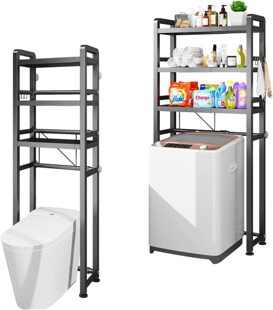 Azatemgo 3 Tier Adjustable Washing Machine Rack Laundry Shelf Bathroom Space Saver, 2 in 1 over the Toilet Rack,Over the Washing Machine,Carbon Steel 9KG, Adjustable,Sturdy,Black