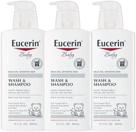 Eucerin Baby Wash & Shampoo - 2 in 1 Tear Free Formula, Hypoallergenic & Fragrance Free, Nourish and Soothe Sensitive Skin - 13.5 Fl Oz (Pack of 3)