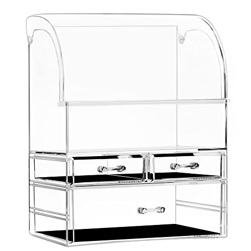 Mayyol Professional Acrylic Makeup Organizer with Lid Dust Water Proof, Thicker Skin Care Cosmetic Display Case with 3 Drawers, Vanity Countertop Make Up Organizator for Jewelry & Perfume, Clear
