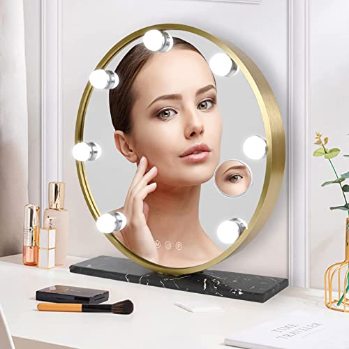 Leadzones Round Makeup Mirror with Lights, 16" Desk Vanity Mirror with Marble Stand, 3 Color Modes, Detachable 10X Magnification, 7 Dimmable LED, Smart Touch Control Light up Mirror Gold, Hollywood