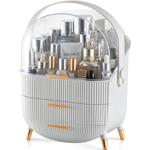 EHEL Makeup Organizer, skincare organizer for Vanity, bathroom storage and cosmetic display cases for bedroom, Large Capacity egg Shape(Oval) 3-Layer Cosmetics Storage Box (white)