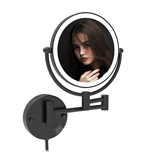 Fixsen 8 Inch LED Wall Mount Two-Sided Magnifying Makeup Vanity Mirror 12 Inch Extension Matte Black 1X/10X Magnification Plug 360 Degree Rotation Waterproof Button Shaving Mirror