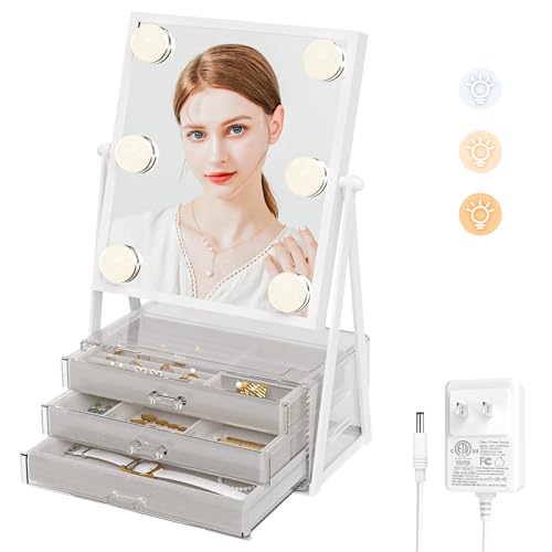 KuflooQ 2 in 1 Hollywood Vanity Mirror, 3 Color Lighting Makeup Mirror & Dimmable, Vanity Mirror with Lights 12V LED, Touch Control Lighted Makeup Mirror, Lighted Mirror with Storage 3 Layer Dawer